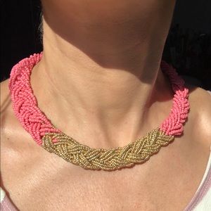 💕 Pink Coral Bead Braided Chunky Choker Necklace